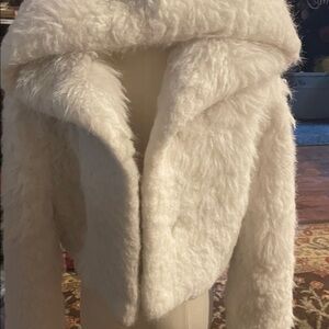 SHEIN White Faux Fur Jacket / Hooded / Snap Closure.